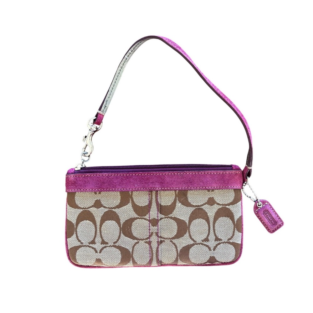 Coach Vintage Y2K Signature Monogram Wristlet Purple Suede Trim Brown Canvas Bag